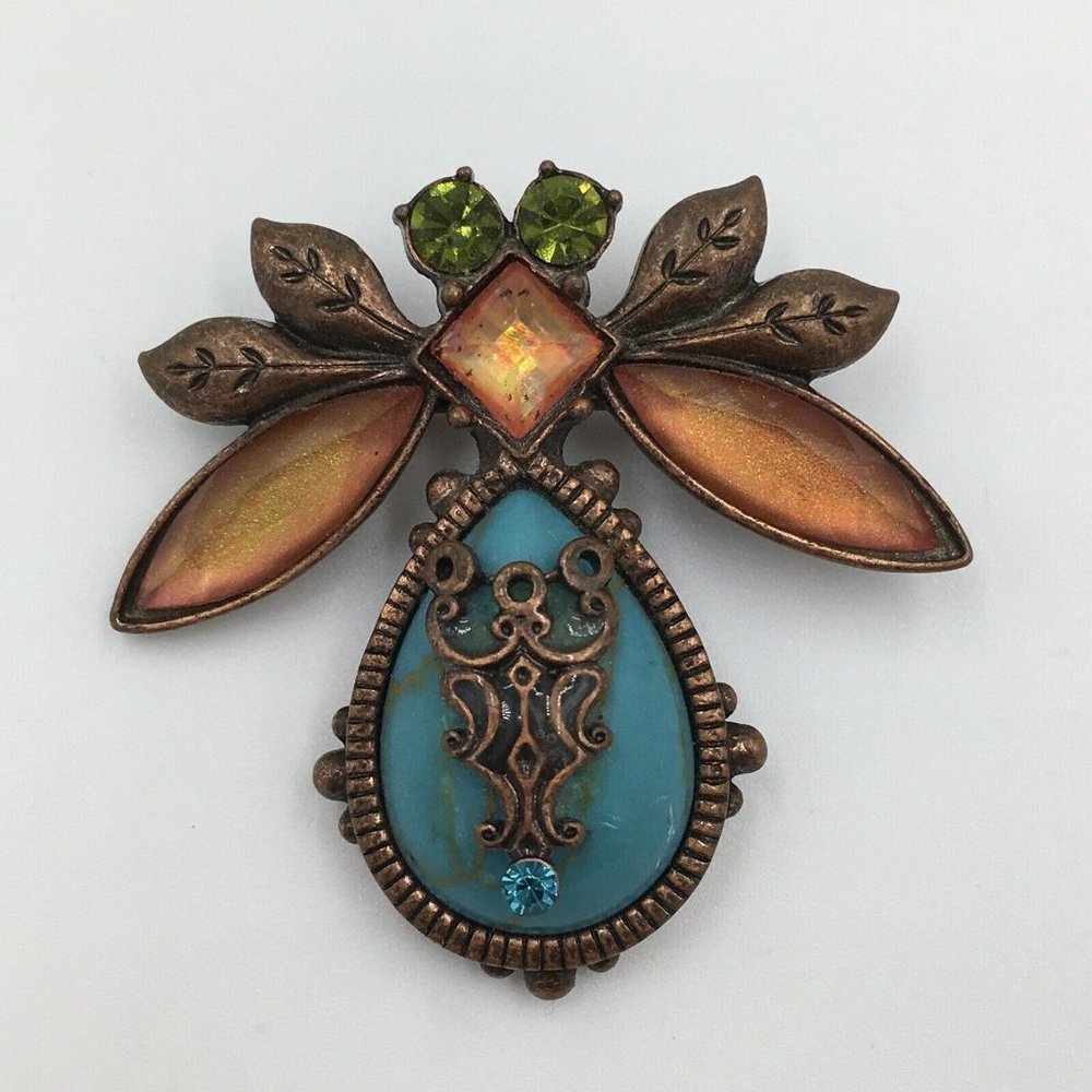 Love Bug VINTAGE Bronze (?) Metal BROOCH, Rhinestone Crystal, Green Amber Blue